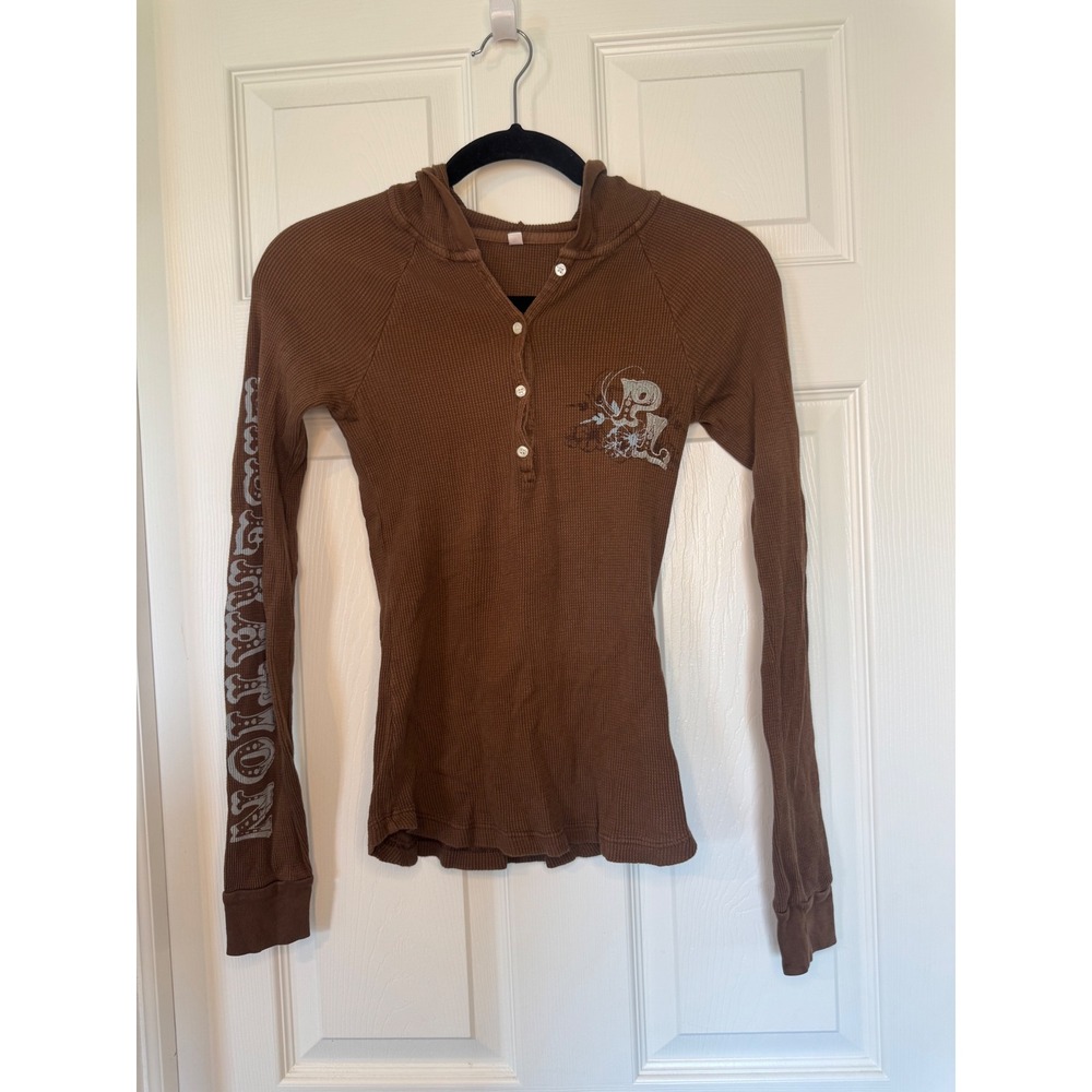 Peoples Liberation Brown Thermal Hoodie Graphic Henley Long Sleeve Y2K XS